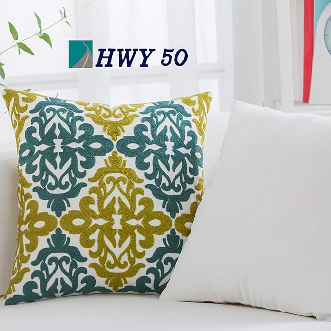 HWY 50 Decorative Throw Pillow Covers 18x18 Inch (1 Piece), Embroidered Cotton Farmhouse Cushion Cover Pillow Case for Sofa Couch Living Room Bed Bedroon, Blue and Green Floral Geometric-Ruum Studio Home