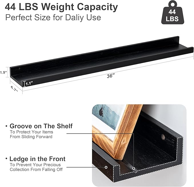 Floating Picture Ledge Shelves 36 Inch Solid Oak Wood Set of 2, Rustic Wall Storage Shelves with Lip, Kids Bookshelf, Photo & Picture Ledge Shelves for Bedroom, Living Room, Kitchen-Ruum Studio Home