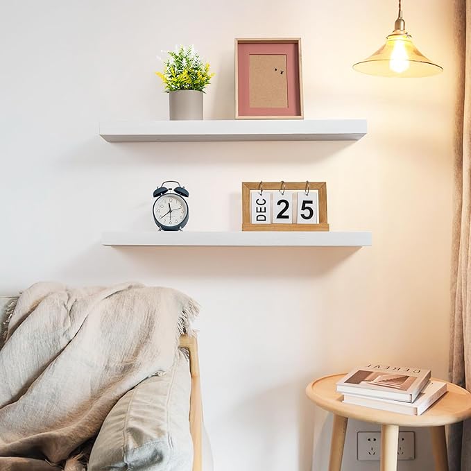 Fun Memories Handcrafted European Pine Floating Shelves - Natural Rustic Wooden Wall Shelf Set of 2-24 Inch Storage Shelf Display Shelf for Kitchen Bathroom Living Room Bedroom Farmhouse - White-Ruum Studio Home