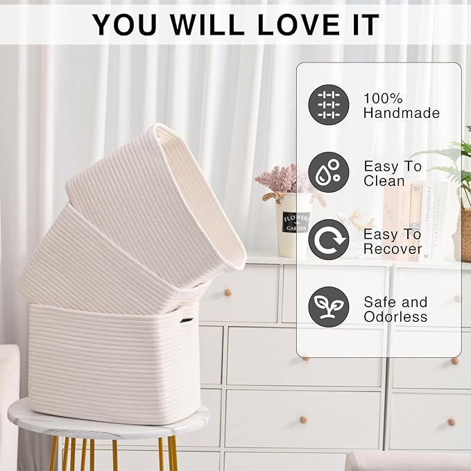 Storage Baskets for Organizing Shelves, Woven Cotton Rope Bins for Baby Nursery Organization, Book Toy Towel Organizer, 15"x11"x9.5", 3 Packs, Off White-Ruum Studio Home