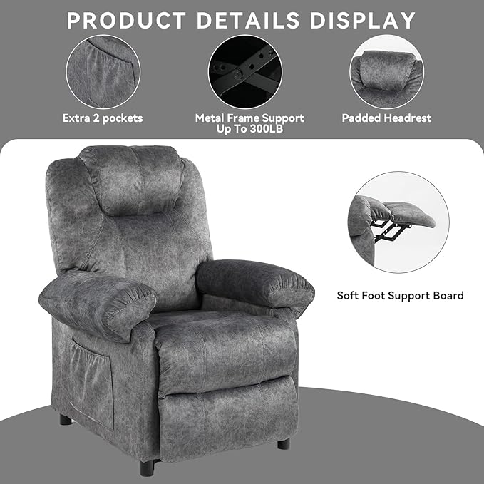 KCREAM Massage Recliner Chair with Heating,Overstuffed Fabric Reclining Chairs for Living Room,Small Recliner Manual Reclining Single Sofa Recliners Lounge Chair,Grey-Ruum Studio Home