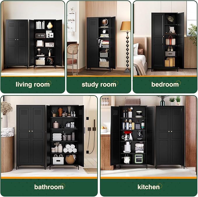 Letaya Black Storage Cabinet with Feets-Metal Home Kitchen Pantry Cabinets with Doors and Adjustable Shelves,Organization Locker for Cupboard/Bedroom/Dining/Living/Bathroom/Office/Garage Room (Black)-Ruum Studio Home