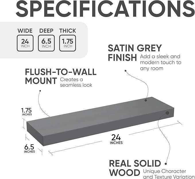 Homeforia 24inch Gray Floating Shelves for Wall, High End Solid Real Wood 24in Floating Shelf for Bathroom, Grey Wooden 24 inch Long Floating Shelves, Heavy Duty Bracket, 24 X 6.5 X 1.75 in, Set of 2-Ruum Studio Home