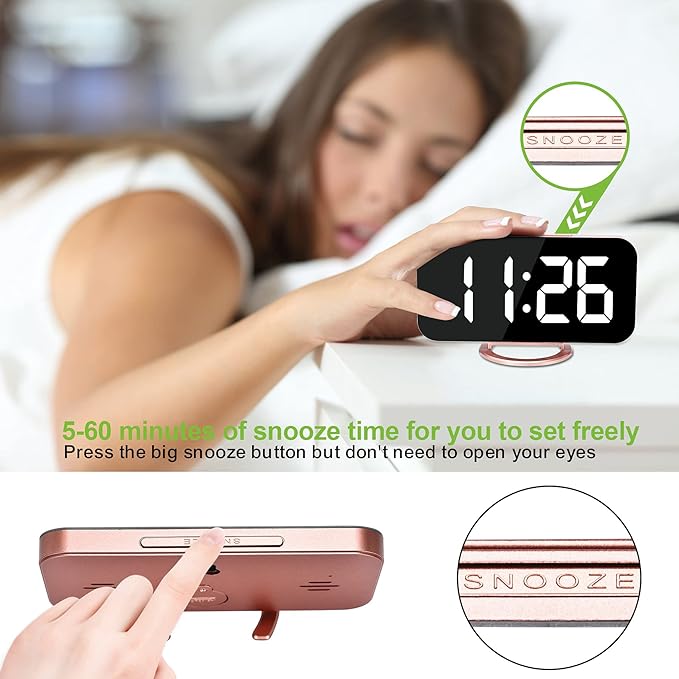 SZELAM Alarm Clock for Bedroom,LED and Mirror Digital Clock Large Display,with Dual USB Charger Ports,Auto Dim,Snooze Mode,Modern Desk/Wall Electronic Clock for Girl Woman Mom Teens - Rose Gold-Ruum Studio Home