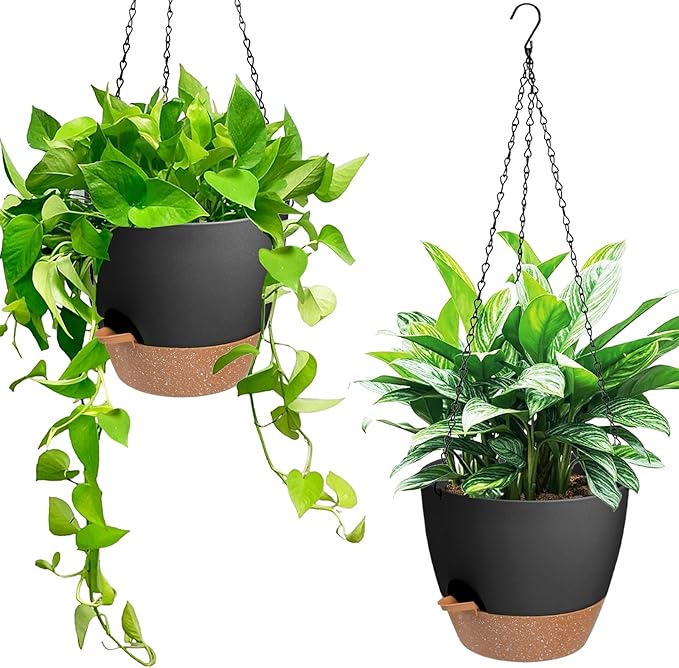 Hanging Planters for Indoor Outdoor Plants, 2 Pack Self Watering Hanging Pot with Drainage Holes & Removable Tray (Black, 6'')-Ruum Studio Home