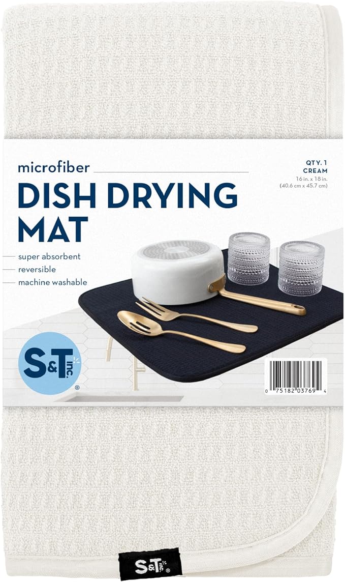 S&T INC. Dish Drying Mat, 16” x 18”, Absorbent Microfiber Kitchen Counter Mat, Dish Drying Pad for Dishes, Utensils, Pots and Pans, Large, Cream-Ruum Studio Home