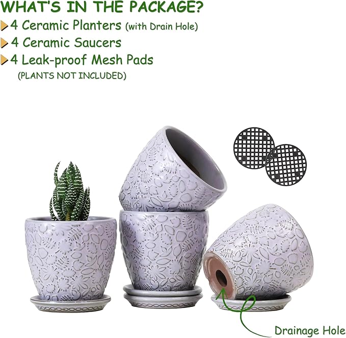 4 Inch Retro Ceramic Planter Set of 4 with Drainage Hole and Saucer for Plants, Indoor-Outdoor Small Garden Pots for Succulent, Herb and Flower (Fits Inner Pots Up to 3 Inch, Retro Purple)-Ruum Studio Home