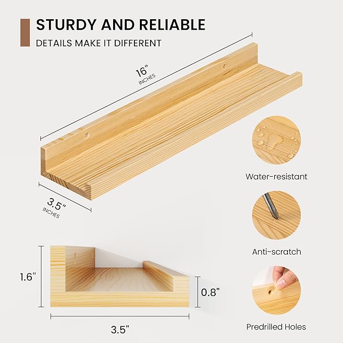 Picture Ledge Shelf, Solid Pine Wood Floating Shelves Set of 4, 16 Inches Nursery Book Shelves for Toys Storage, Kids Bookshelf Wall Mounted for Living Room Decor Photo Frames, Natural-Ruum Studio Home