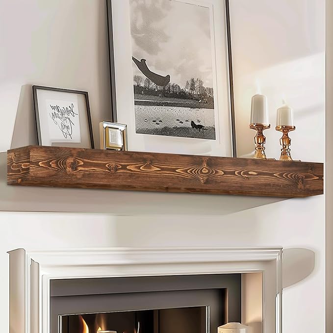 56x8x5 Fireplace Mantel - Handcrafted Hollow Rustic Solid Wood Wall Mounted Floating Shelf with Invisible Heavy Duty Wood Bracket (Weathered Brown)-Ruum Studio Home