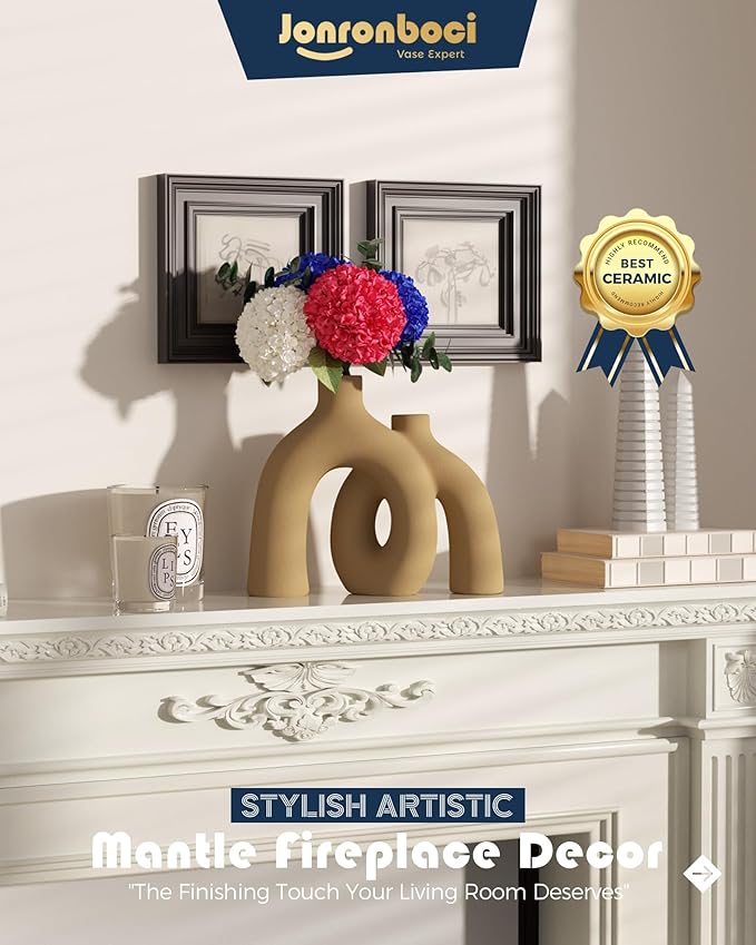 Hug Donut Decorative Vase Set - Tan Modern Rustic Farmhouse Style Vases Home Decor,Matte Ceramic Decorations for Living Room Shelf, Bookshelf Mantle Entryway Table Centerpiece or Console Décor(Brown)-Ruum Studio Home