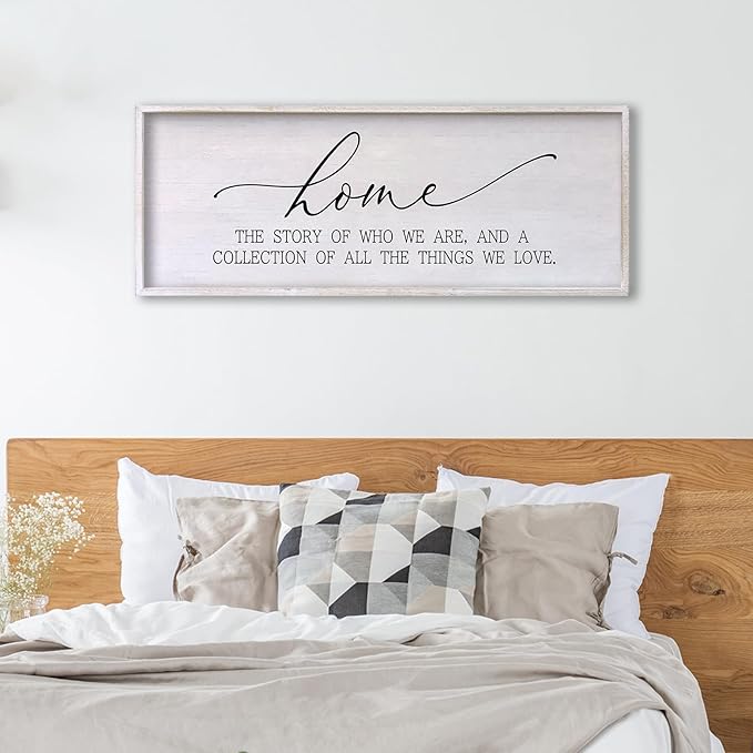 Home The Story of Who We Are Sign Farmhouse Family Wall Decor 32x12 Inch Plaque Wood Framed Art for Hanging (White)-Ruum Studio Home