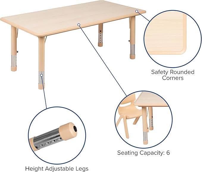 EMMA + OLIVER 23.625" W x 47.25" L Rectangle Natural Plastic Activity Table Set with 6 Chairs-Ruum Studio Home