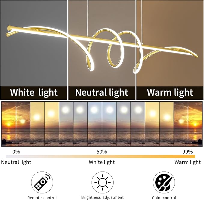 Modern Design Dimmable Desk Linear Pendant Light, with Remote Control Dimmable 3 Color Mode & Brightness Ceiling Lamp, Anti-Flicker Dining Light Fixture for Kitchen, Dining Room (Gold, 47IN)-Ruum Studio Home