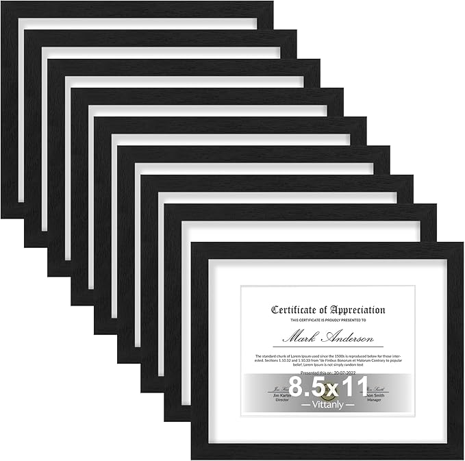 Vittanly 8.5x11 Picture Frames Set of 9, Shatter Resistant Plexiglass, Display 6x8 Pictures with Mat or 8.5x11 without Mat, Photo Frames for Wall or Tabletop, Engineered Wood, Black-Ruum Studio Home
