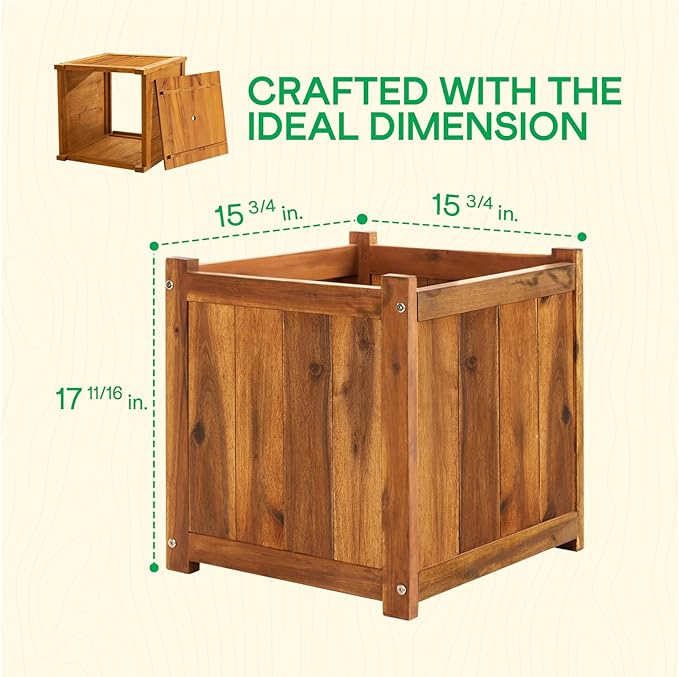 IDZO Acacia Wood Flower Planter Box for Outdoor Plants, 1pc Wooden Raised Garden Bed with Handles, Drainage Holes, Ideal for Garden and Home Décor, Light Cherry-Ruum Studio Home