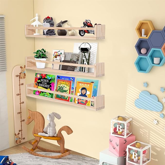 AZSKY Natural Wood Nursery Shelves Floating Wall Book Shelves Nursery Kids Baby Toddler Room Décor 36 in Bookshelf for Toy Picture Display a Set of 3 Same Sizes-Ruum Studio Home