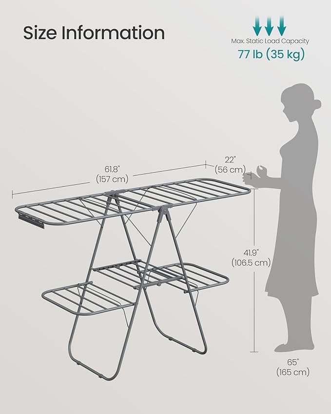 SONGMICS Clothes Drying Rack, Foldable 2-Level Laundry Drying Rack, Free-Standing Laundry Airer, with Height-Adjustable Wings, 33 Drying Rails, Sock Clips, Gray ULLR053G02V1-Ruum Studio Home