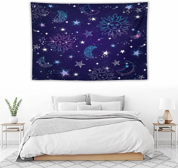 HZOHNAGO Boho Sun Moon Tapestry Purple Blue Sun Stars Galaxy Pattern Printed Wall Tapestry Wall Hanging for Bedroom Living Room Dorm 60" W x 40" H-Ruum Studio Home