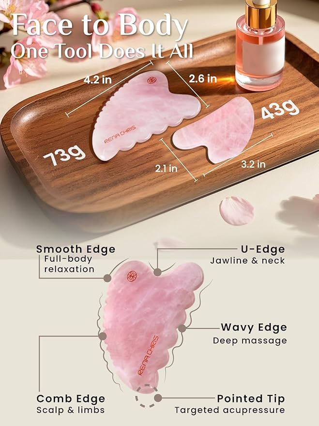 Rena Chris Body Gua Sha Tools, Natural Rose Quartz Jade GuaSha Tool, Manual Massage Sticks for Jawline Sculpting and Puffiness Reducing, Whole Body Skin Care Massager (Pink)-Ruum Studio Home