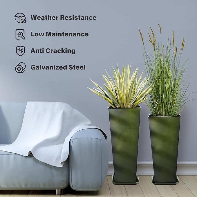 KOL 25'' & 28'' Tall Bright Glazed Planter with Insert, Set of 2, Galvanized Steel Planter Metal Pots with Drainage Hole for Indoor & Outdoor Use, Decorative Plant Pots for Front Porch, Patio - Green-Ruum Studio Home