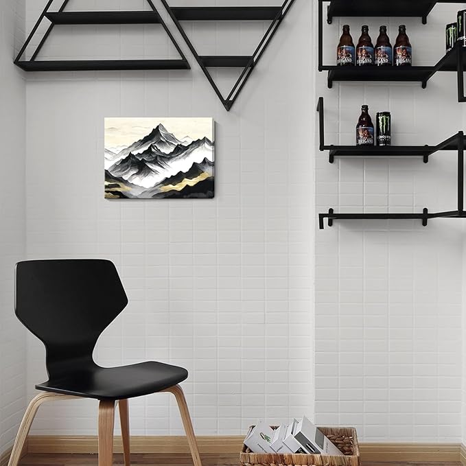amatop Black and White Mountain Wall Art – Minimalist Modern Landscape Canvas Print Nature Scene Picture Bathroom Bedroom Office Wall Decor, Small Tranquil Misty Hills Zen Artwork for men, 16x12 Inch-Ruum Studio Home
