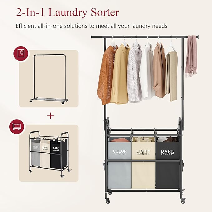 Tajsoon Laundry Sorter Cart with Hanging Clothes Rack, 3 Butler Sorter Basket Organizer, Laundry Hamper Cart with Heavy Duty Rolling Lockable Wheels, 3 Colors-Ruum Studio Home