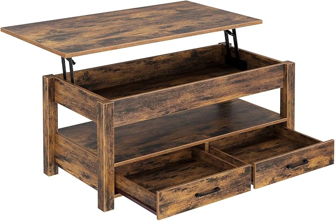 Rolanstar Coffee Table, 47.2" Lift Top Coffee Table with Drawers and Hidden Compartment, Retro Central Table with Wooden Lift Tabletop, for Living Room, Rustic Brown-Ruum Studio Home
