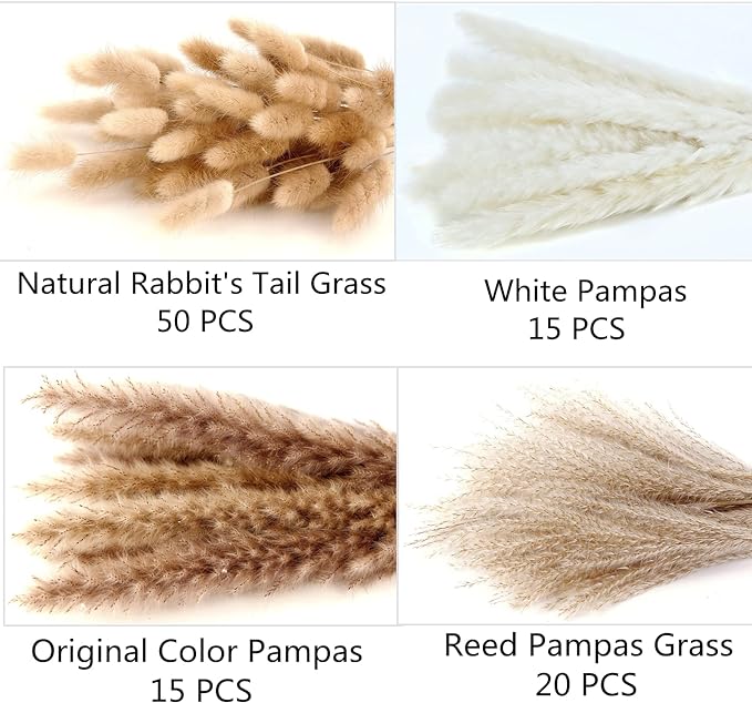 Dried Pampas Grass Decor, 100 Stems Pampas Grass Contains Bunny Tails Dried Flowers, Reed Grass Bouquet for Wedding Boho Flowers Home Table Decor, Rustic Farmhouse Party (17", White and Brown)-Ruum Studio Home