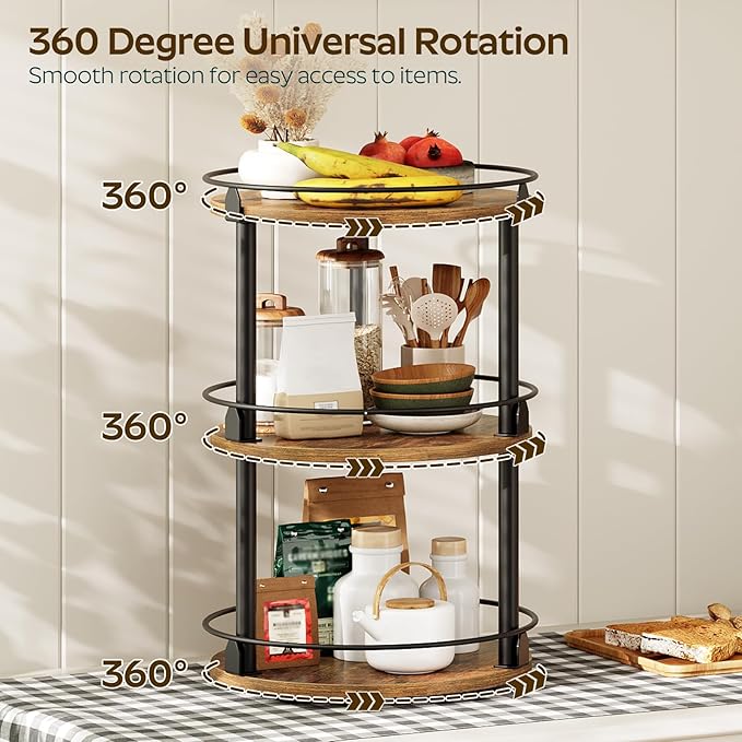 3-Tier Lazy Susan Organizer, Rotating Spice Rack, Spinning Organizer, Industrial Turntable Spice Rack Organizer for Cabinet, Kitchen Countertop, Pantry, Rustic Brown and Black SR23BR-Ruum Studio Home