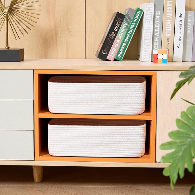 Large Shallow Organizing Baskets 15x11x5.1 Inches - Rope Woven Storage Bins for Bathroom, Shelves, Cube Closet, Off White 2 Packs-Ruum Studio Home