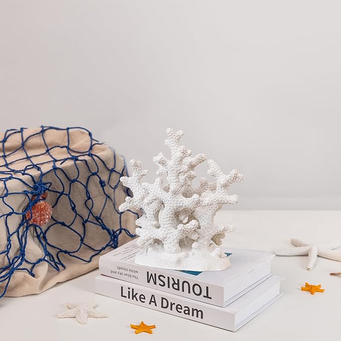 7.1" H White Coral Decor, Resin Statue, Nautical Decorations for Home, Bedroom, Bathroom, Living Room, Beach/Coastal/Ocean Themed Cabinet Shelf Tabletop Decor-Ruum Studio Home