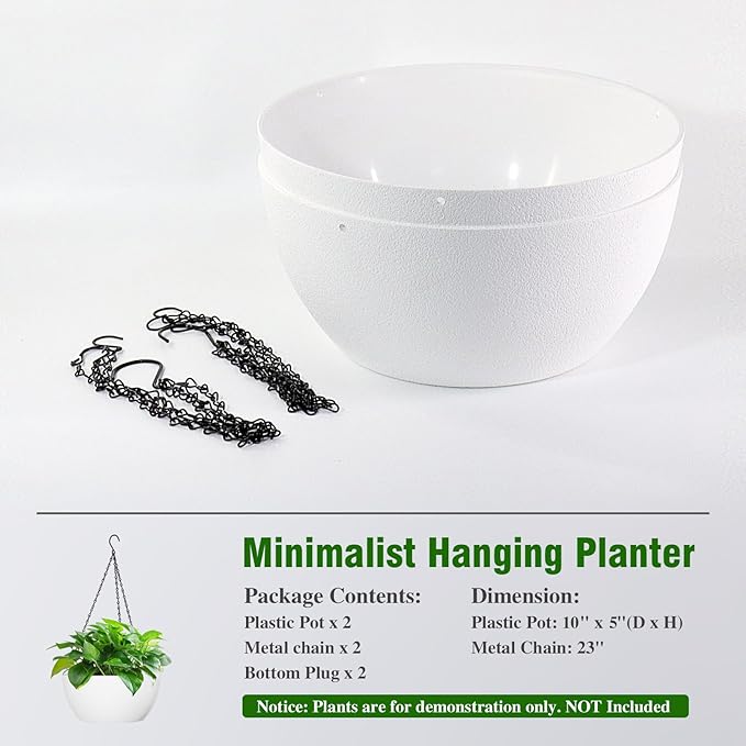 10 inch Hanging Planters for Outdoor Indoor Plants with Drainage Holes and Chain, 2 Pack Round Hanging Flower Plant Pots for Garden Home Porch Decor, White-Ruum Studio Home