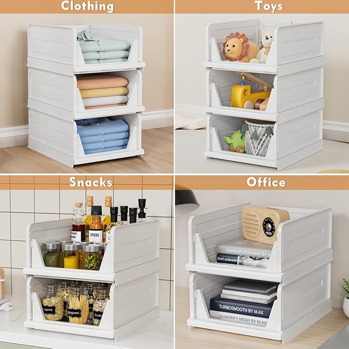 6 Pack Stackable Closet Storage Basket - Stackable Storage Bins, Multifunctional & Foldable Closet Organizer, Wardrobe Storage Space-Saving Clothes Storage Drawer Organizer, White-Ruum Studio Home