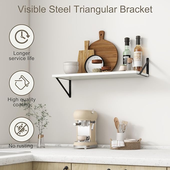 Fun Memories 27.5" W x12 D Floating Shelves, White Wall Shelf with Brackets, 12 Inch Deep Floating Shelf Set of 2, Large Storage Kitchen Living Room Bathroom Shelves, Wood Wall Mounted Shelf-Ruum Studio Home