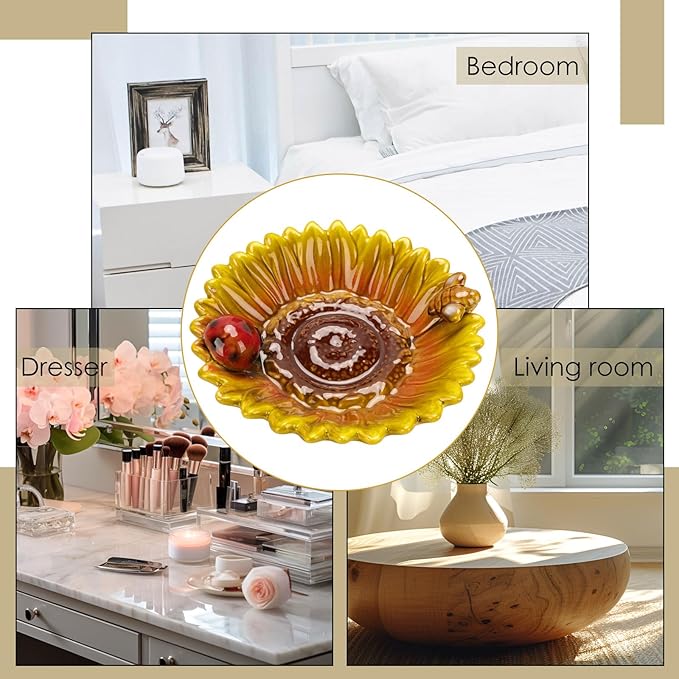 Sunflower Jewelry Dish Trinket Tray Ceramic Key Tray Bowl for Entryway Table, Sunflower Candy Dish Soap Holder Gift Decorative Bowl for Home Decor Kitchen Bathroom Sink (Bee, Ladybug)-Ruum Studio Home