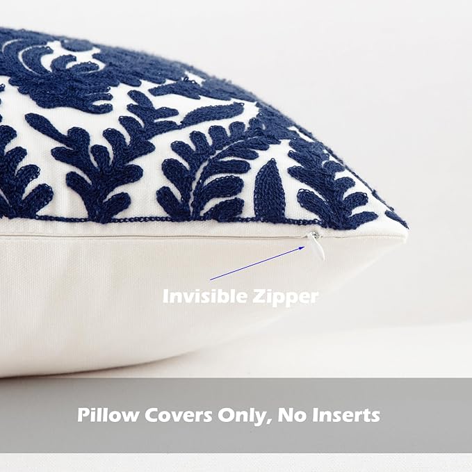 HWY 50 Navy Blue Decorative Throw Pillow Covers 18x18 Inch (1 Piece), Embroidered Cotton Farmhouse Cushion Cover Pillow Case for Sofa Couch Living Room Bed Bedroon, Floral Branches-Ruum Studio Home