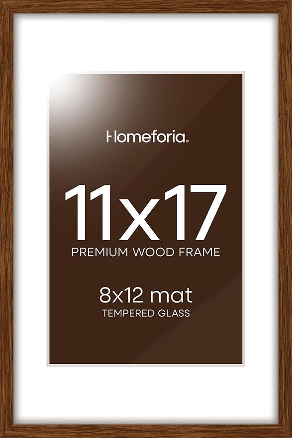 Homeforia 11x17 Brown Picture Frame, High End Dark Oak 11x17 Poster Wood Frame with Mat 8x12 Print, 11 x 17 Wooden Walnut Frame Matted to 8 x 12 Photo, 17x11 Frames, Tempered Glass, Wall Kit, Set of 1-Ruum Studio Home