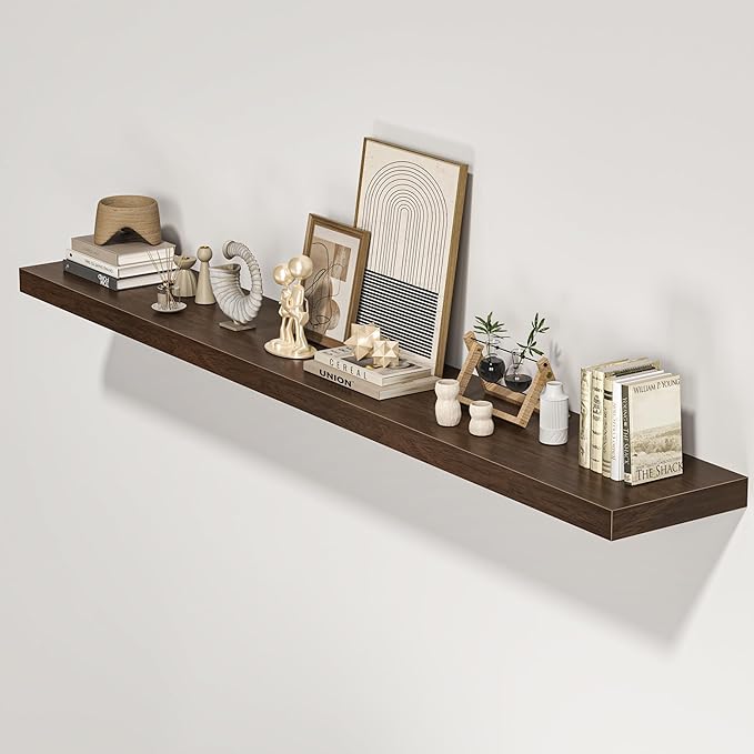 Floating Shelves for Wall, 72"W x 9.3"D x 1.5"H, Long Wooden Wall Mounted Display Shelves with Invisible Brackets for Living Room, Bedroom, Bathroom, Kitchen Decor and Storage, Set of 1, Walnut-Ruum Studio Home