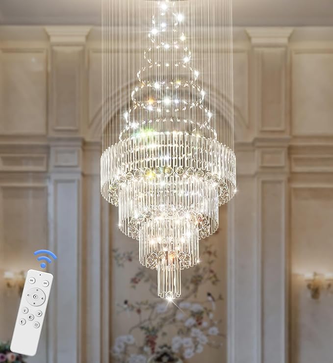 D32''X H100'' Large Crystal Chandelier Lighting, Modern LED Round Raindrop Flush Mount Ceiling Light Fixture for Hotel Staircase Hallway Modern Crystal Chandelier Suitable for Sloping Ceiling-Ruum Studio Home
