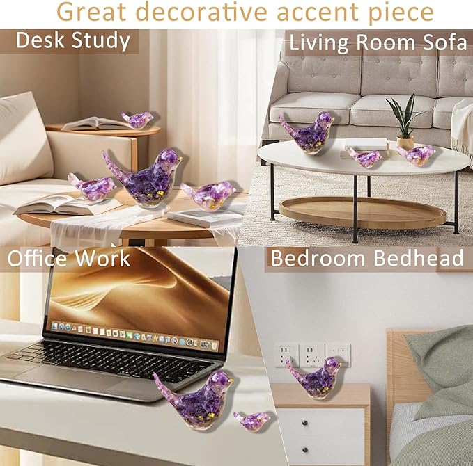 Crystal Bird Figurines, Resin Animal Statues, Miniature Decorative Gravel Birds, Home Decor (4PCS-Amethyst)-Ruum Studio Home