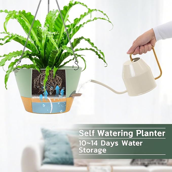 ZMTECH 12 Inch Hanging Planters for Indoor Plants, 2 Pack Self Watering Hanging Planter with Visual Reservoir, Hanging Pots for Plants Outdoor with Drainage Hole and Plant Hanger(Green)-Ruum Studio Home