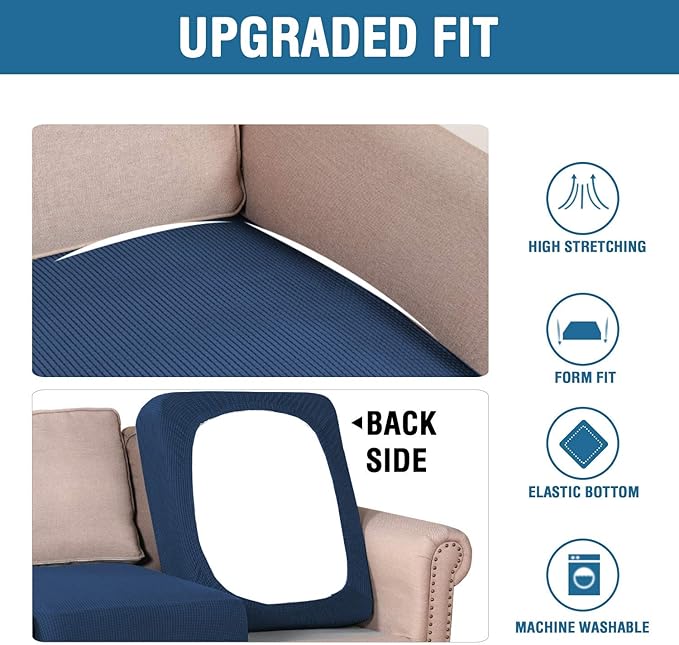 H.VERSAILTEX Super Stretch Individual Seat Cushion Covers - Sofa & Couch Cushion Slipcover Sets - Thick Jacquard Textured Twill Fabric (3 Piece XL Sofa Cushion Covers, Navy)-Ruum Studio Home