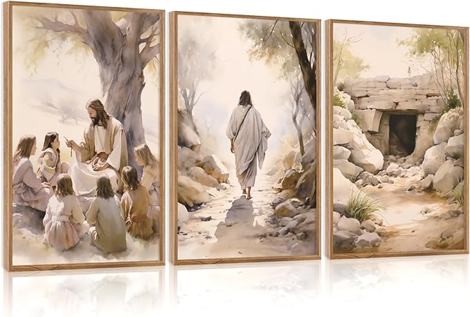 Aurlan Jesus Teaching Children Jesus on Path Framed Empty Tomb Bible Stories Wall Art(16"x24"), 3PCS Boho Christian Easter Scripture Gifts Canvas Artwork, Large Spiritual Religious Faith Decor Prints for Office Home-Ruum Studio Home
