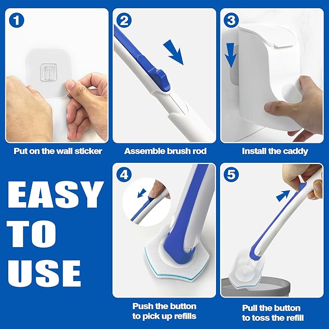 JEHONN Disposable Toilet Brush with 48 Wand Cleaner Refills, Wall Mounted Toilet Bowl Brush Holder Set, Bathroom Cleaning System for Sink Bathtub Wash Basin (Blue)-Ruum Studio Home