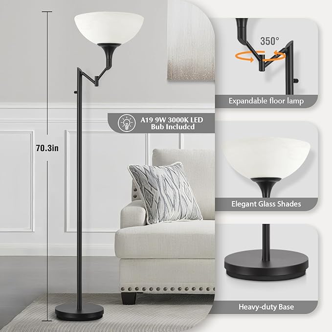 Floor Lamps for Living Room Black, 70" Tall Standing Lamp with Glass Shade, Torchiere Floor Lamp with 350°Adjustable Swing Arm Lamp, Pole lamp for Bedroom, Living Room, Office, Bulbs Included-Ruum Studio Home