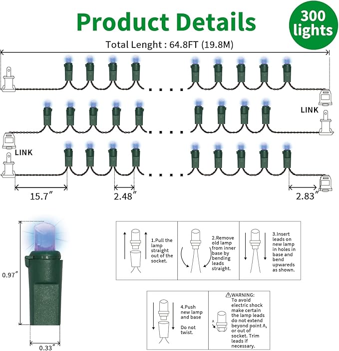Blue Wide Angle LED Christmas Lights, 64.8 Ft 300 Count, Pack of 3 Strands 21.9 Ft 100 Lights UL Certified Commercial Grade Green Wire 5mm Holiday String Light-Ruum Studio Home