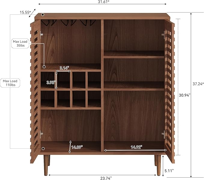 Mid Century Bar Cabinet with Wine Racks, Modern Liquor Cabinet with Slatted Doors for Dining Room, Living Room (Walnut Color)-Ruum Studio Home