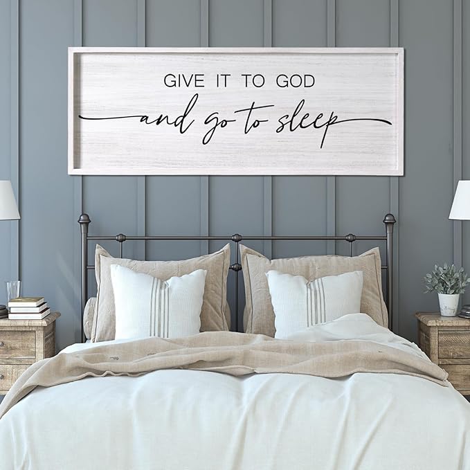 Give It to God and Go to Sleep Decorative Rustic Sign & Plaque Framed Wall Art for Couples, 40''×15'' Vintage Farmhouse Wooden Horizontal Wall Decor Above Bed, Cottagecore Wedding Gift for Bedroom-Ruum Studio Home