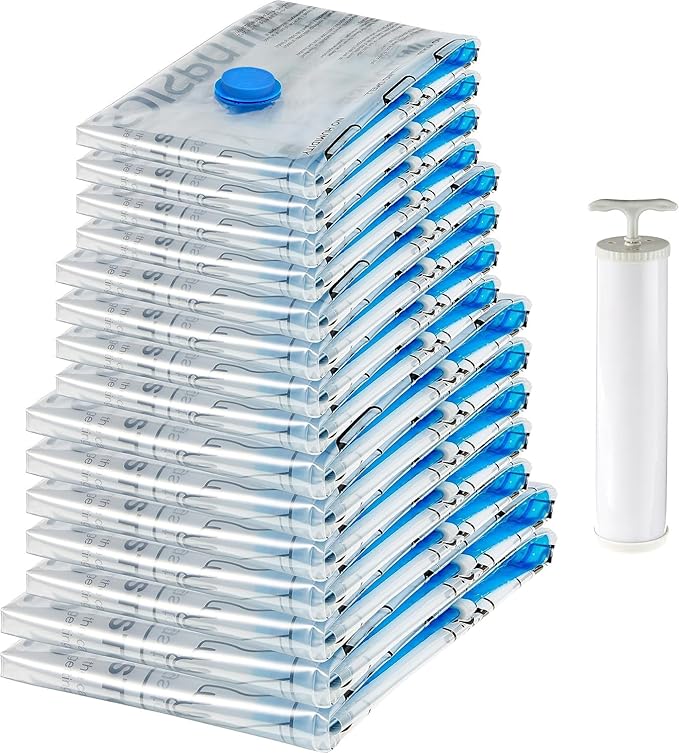 Amazon Basics Vacuum Compression Space Saving Storage Bags with Hand Pump for Clothes Packing, Pack of 15, Multiple Sizes, White-Ruum Studio Home