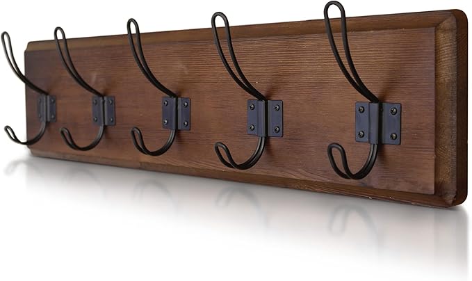 HBCY Creations Dark Wash Brown Rustic Coat Rack Wall Mount with 5 Hooks, Solid Pine Wood 24 inch Wall Hooks for Entryway, Mudroom, Hallway, Bathroom - Vintage Farmhouse Style Wall Mounted Towel Rack-Ruum Studio Home
